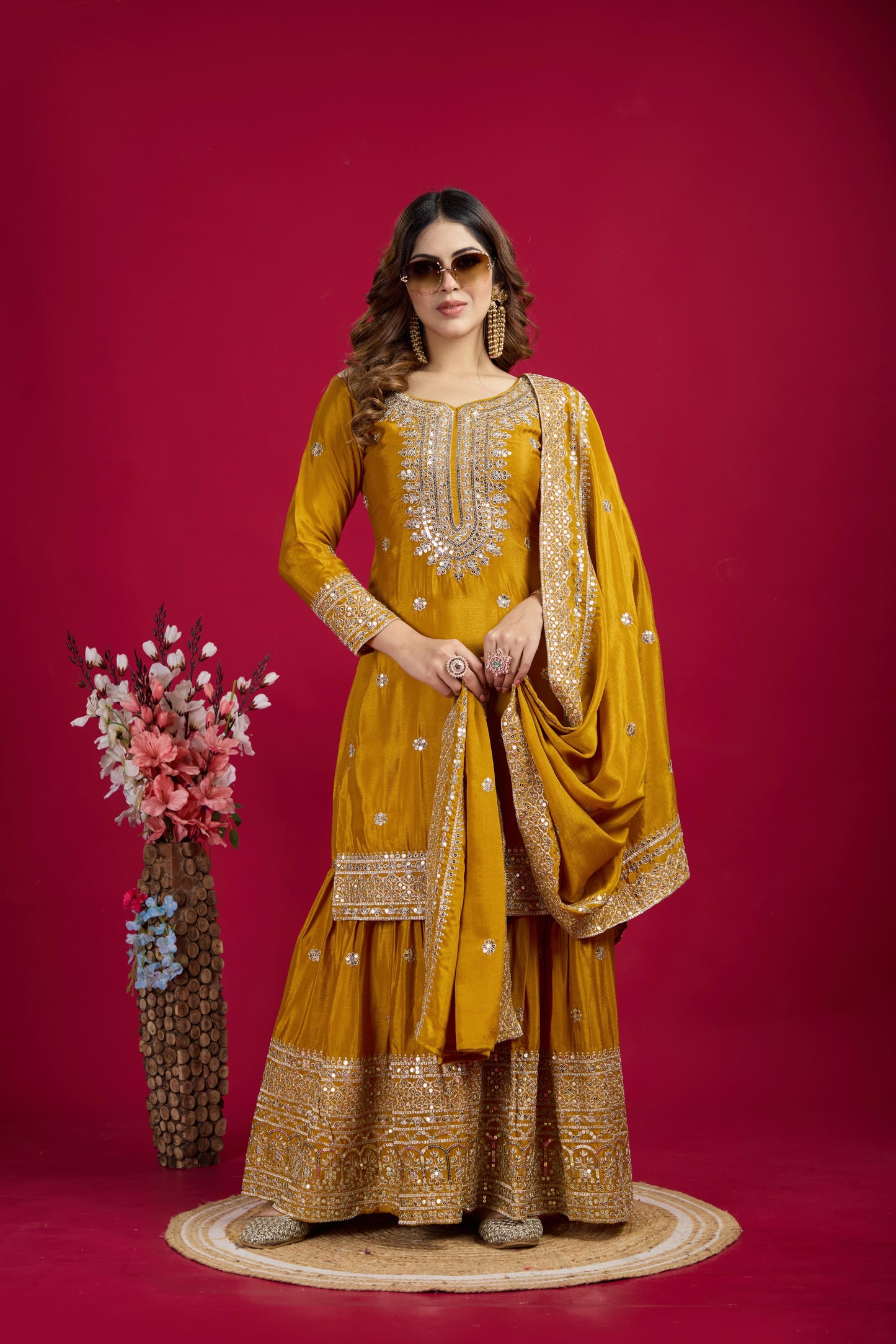 Elegant Embroidery Sequence Work Mustard Color Sharara Suit