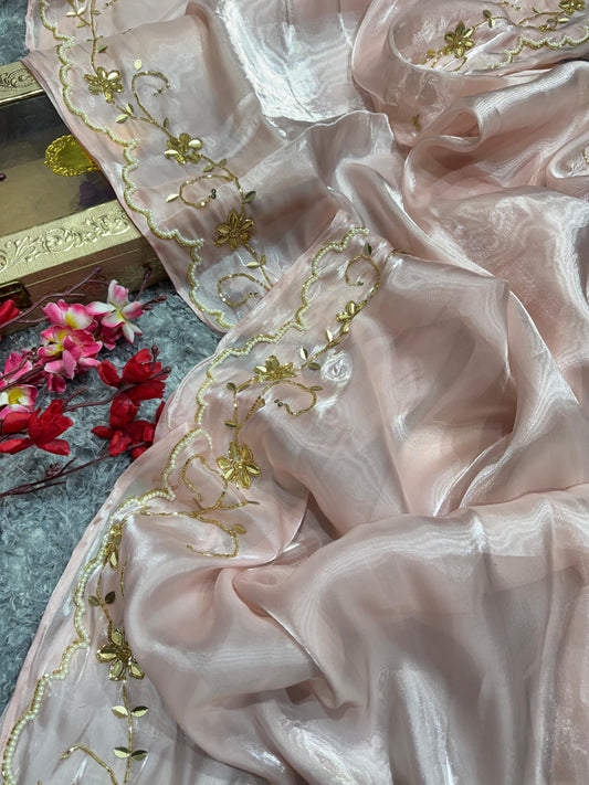 Presenting Jimmi Choo Peach Color Handwork Saree