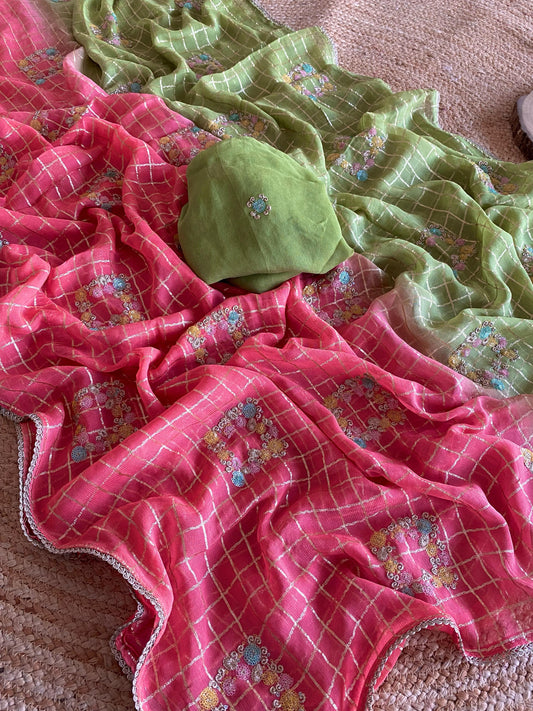 Glimmering Viscose Chiffon Pink & Perrot Color Saree