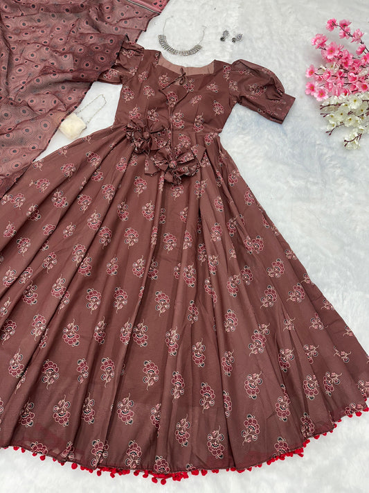 Casual Wear Printed Cotton Brown Color Gown