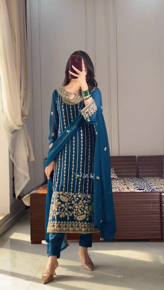 Graceful Chinon Silk Embroidery Work Teal Blue Salwar Suit