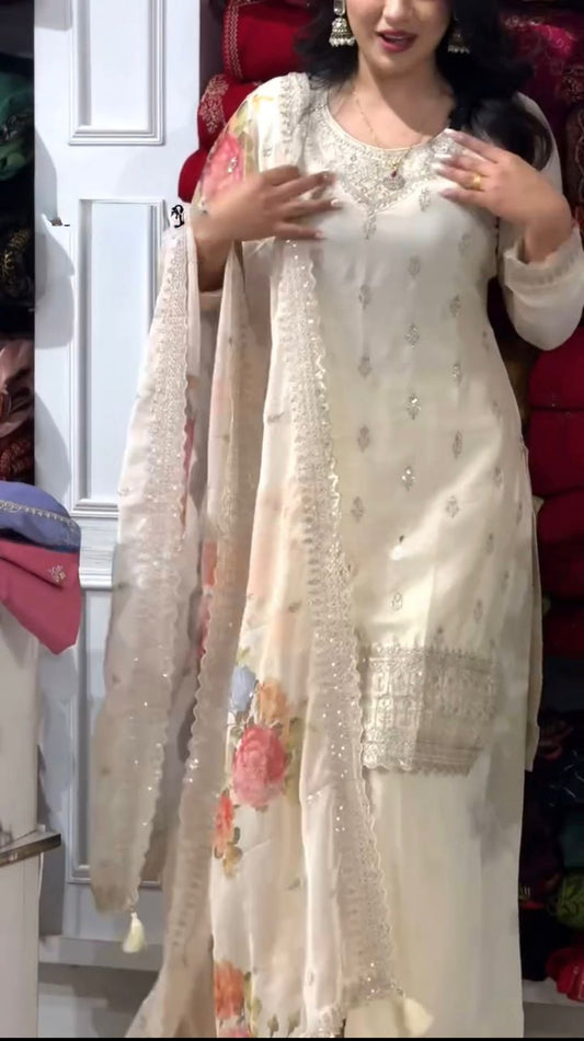 Wonderful Chinnon Silk Sequence Work White Color Palazzo Suit