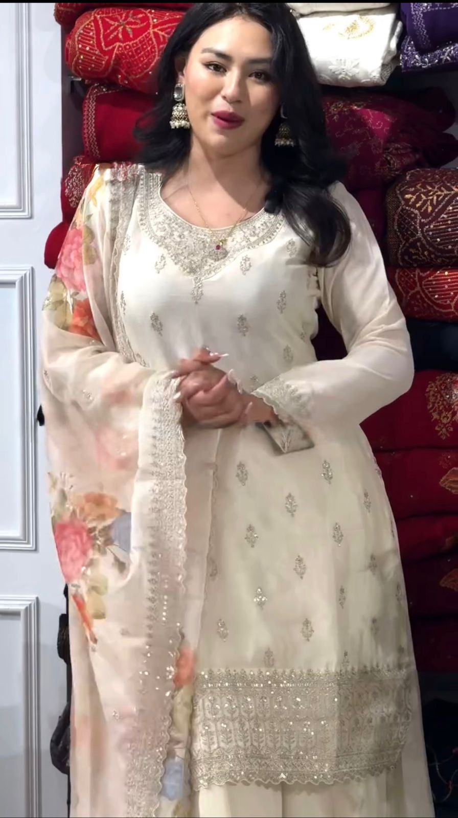 Wonderful Chinnon Silk Sequence Work White Color Palazzo Suit