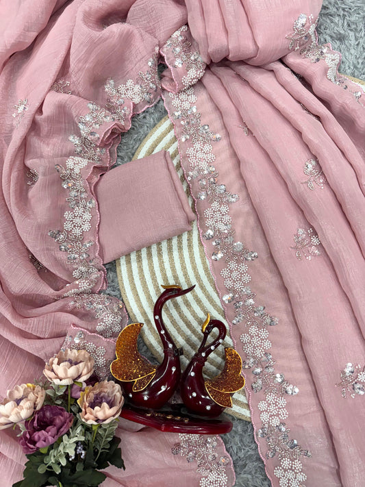 Designer Pearls Work Pink Color Saree