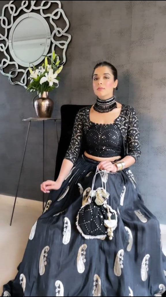 Designer Black Color Embroidery Lehenga Choli With Shrug