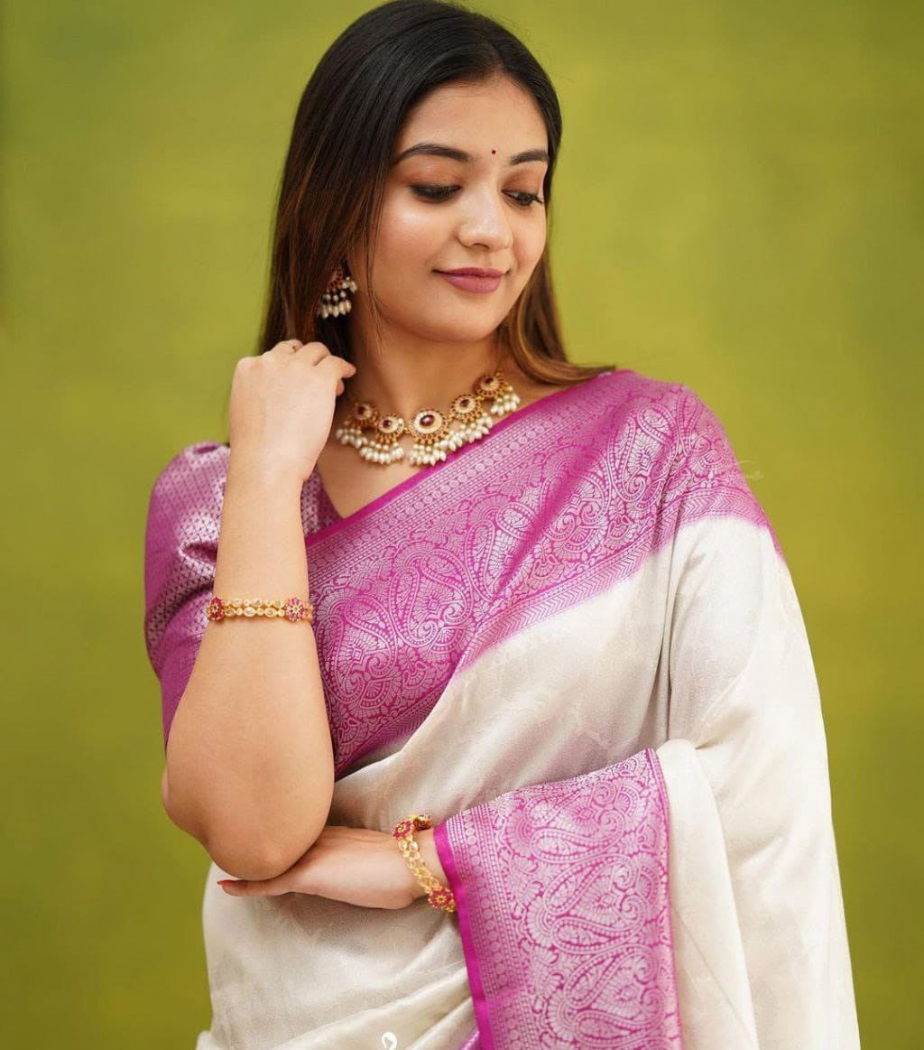 Good Looking White With Pink Border Saree