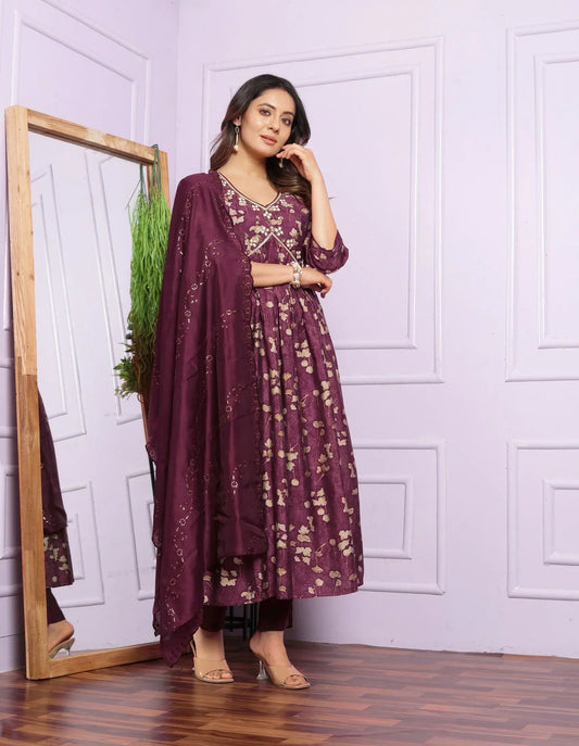 Ravishing Wine Color Aalia Cut Kurta Set With Dupatta