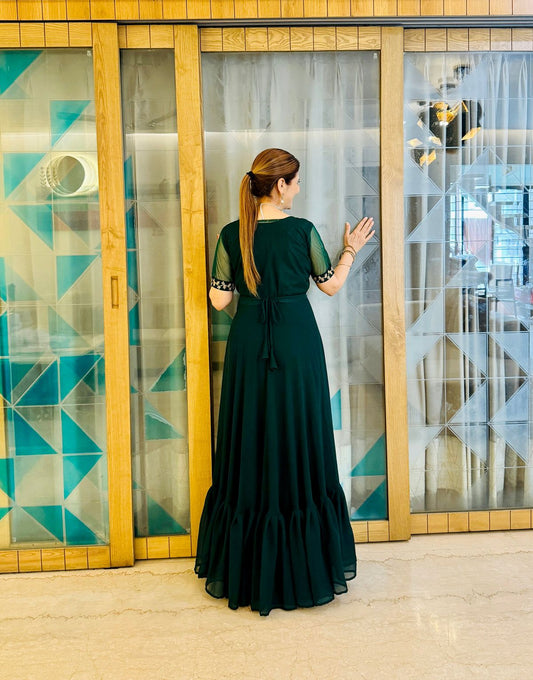 Designer Georgette Green Color Gown With Koti