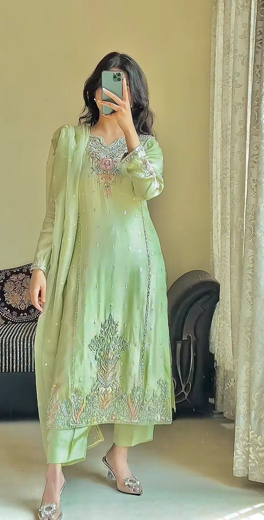 Captivating Pista Color Sequence Work Salwar Suit