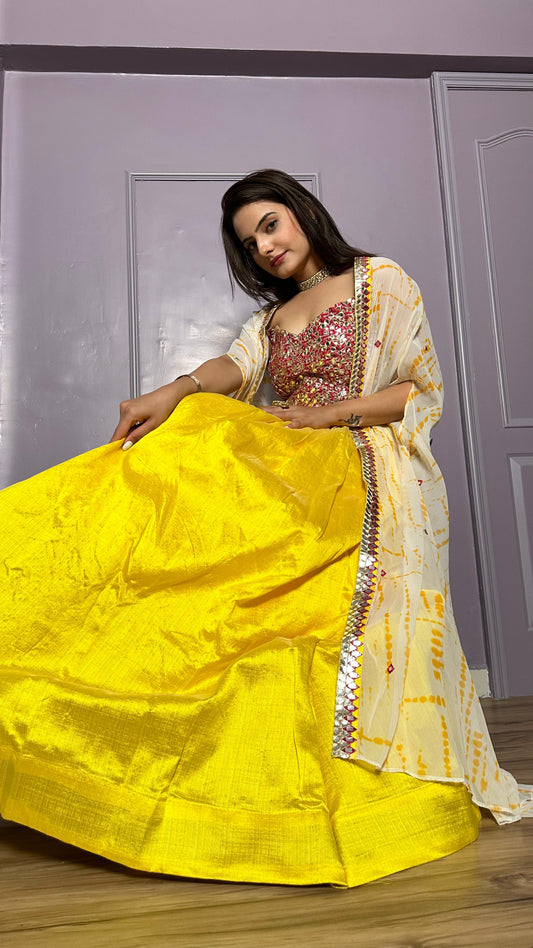Classic Kasturi Slub Silk Yellow Color Designer Lehenga Choli With Koti