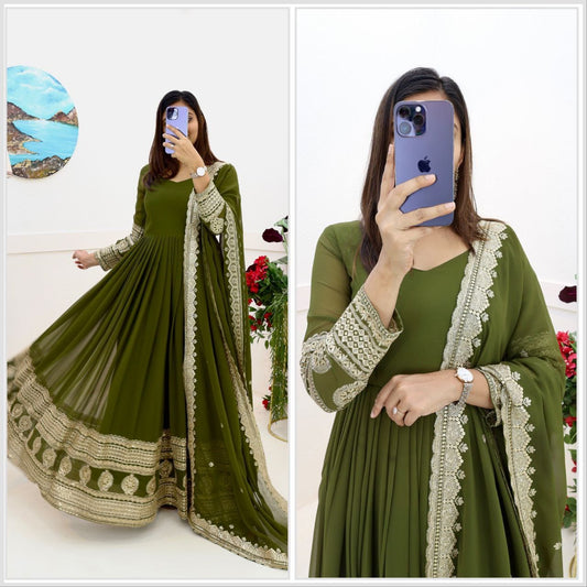 Wonderful Georgette Embroidery Work Mehndi Color Gown