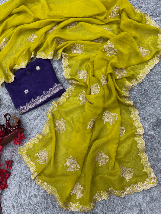 Precious Soft Crunchy Lemon Green Color Saree