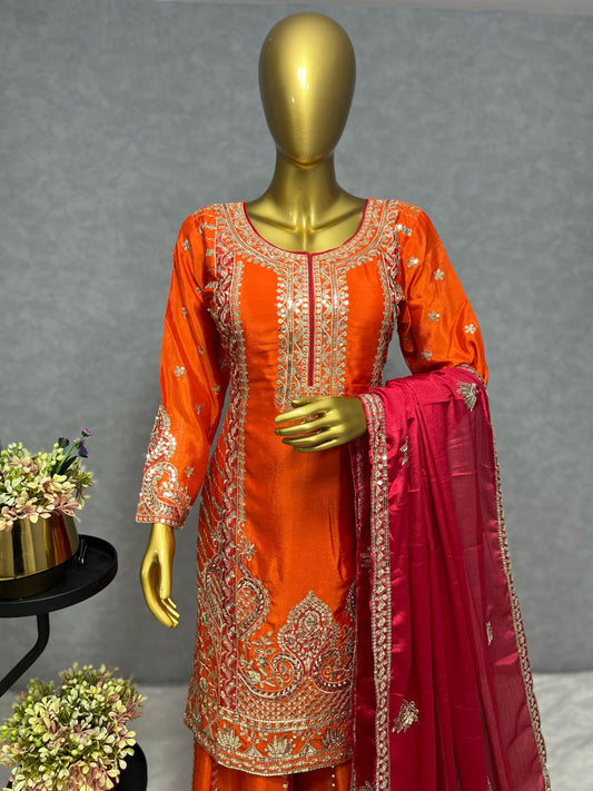 Glossy Orange Color Chinon Silk Palazzo With Dupatta Set