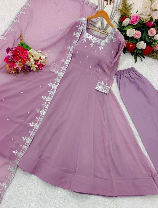 Glimmering Sequence Work Lavender Color Anarkali Gown