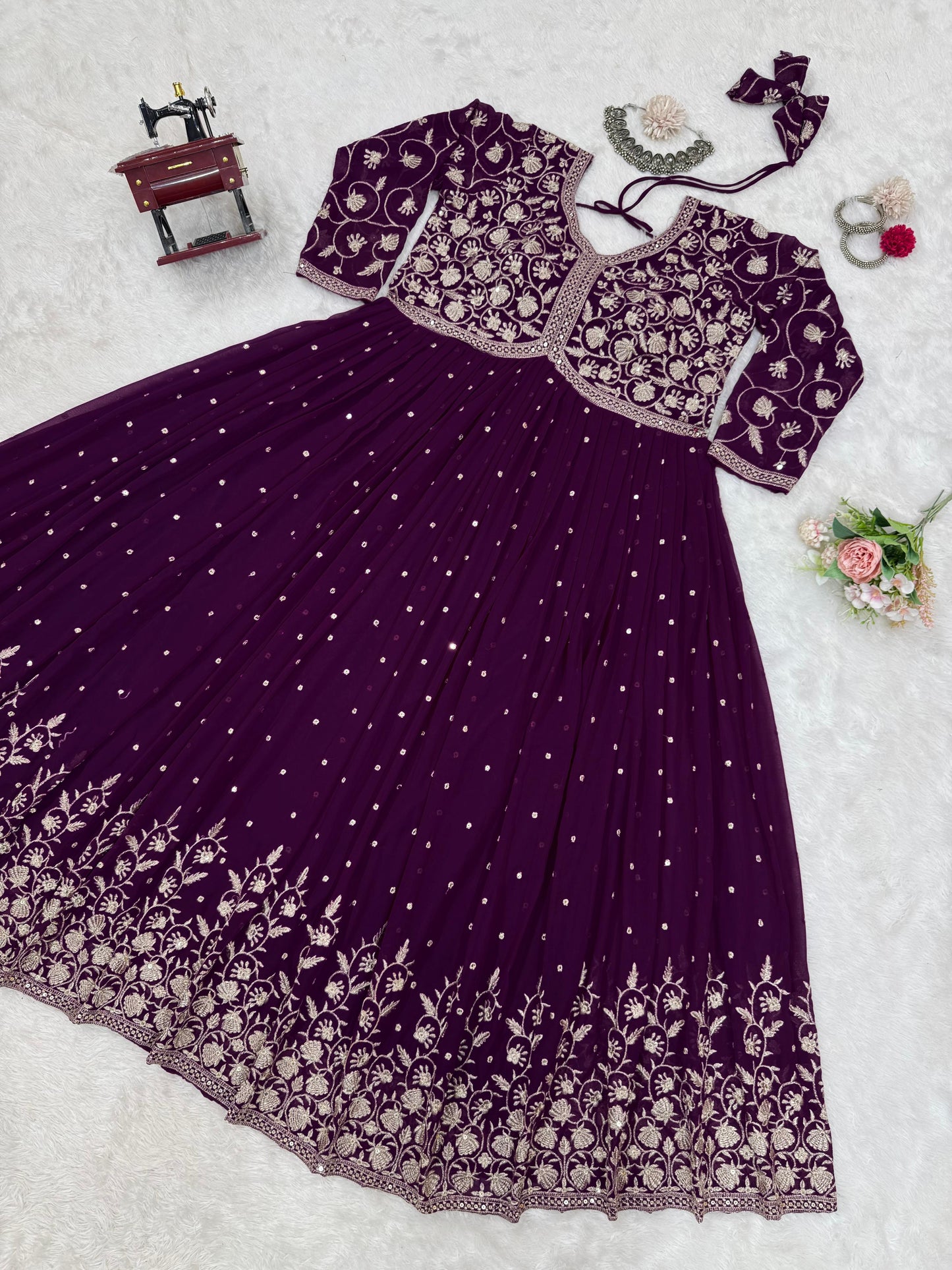 Embellished Gorgette Sequnce Work Wine Color Gown