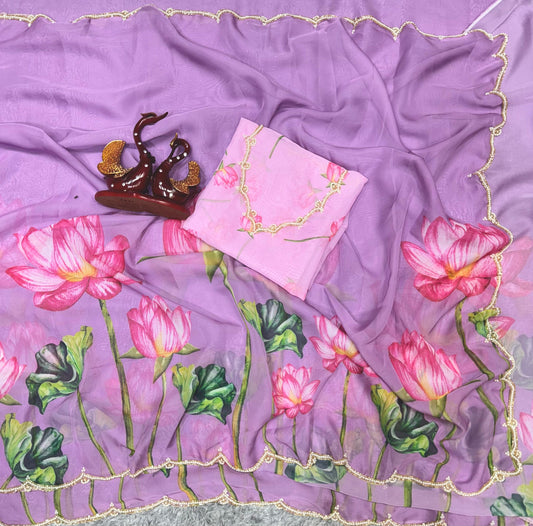 Flower Print with Work Purple Color Designer Saree
