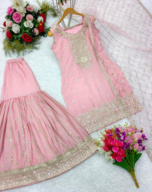 Delightful Sequence Work Light Pink Color Palazzo With Dupatta Set