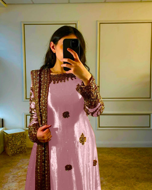 Shine Pink Color Embroidery Work Salwar Suit With Dupatta