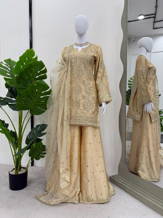 Stunning Cream Color Sequence Work Sharara Suit