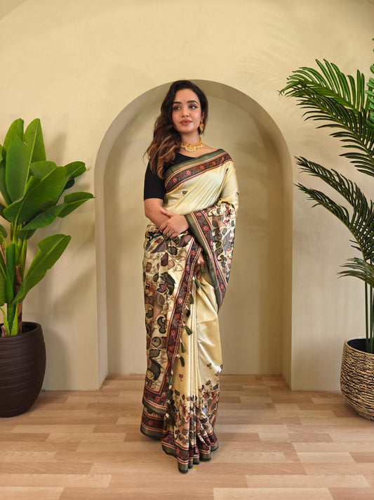 Cream Color Beautiful kalamkari Digital Print Saree