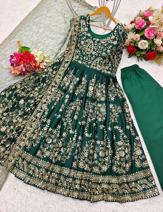 Heavy Sequence Work Green Color Long Gown