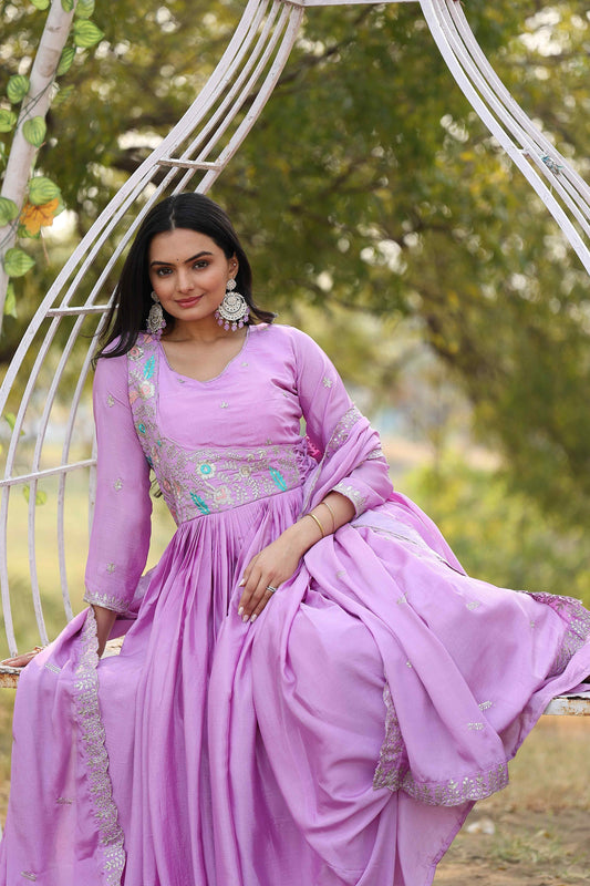 Shining Chinon Silk Purple Color Gown