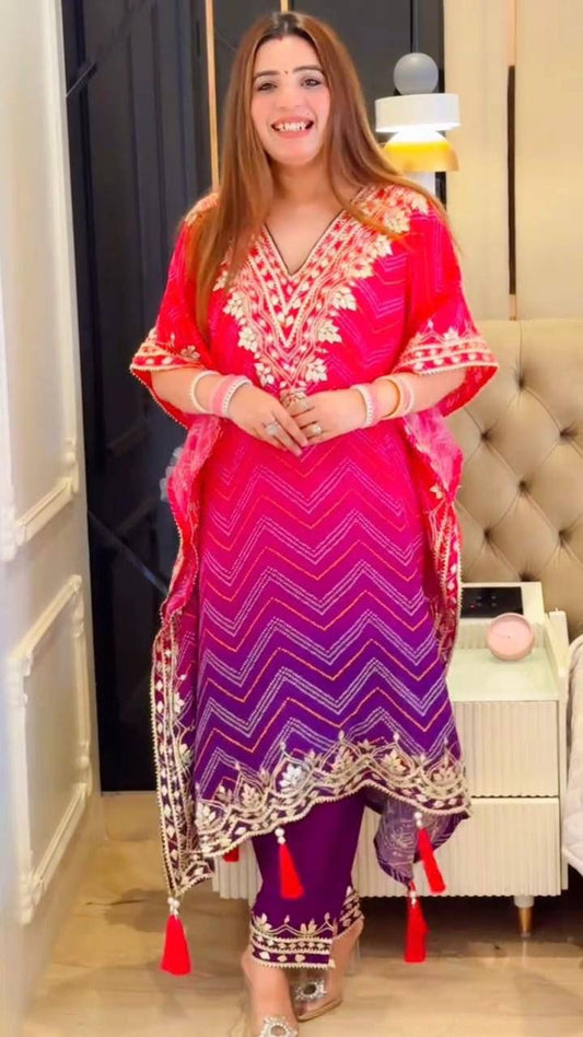 Preferable Chinon Embroidered Work Pink Multi Color Kaftani Dress