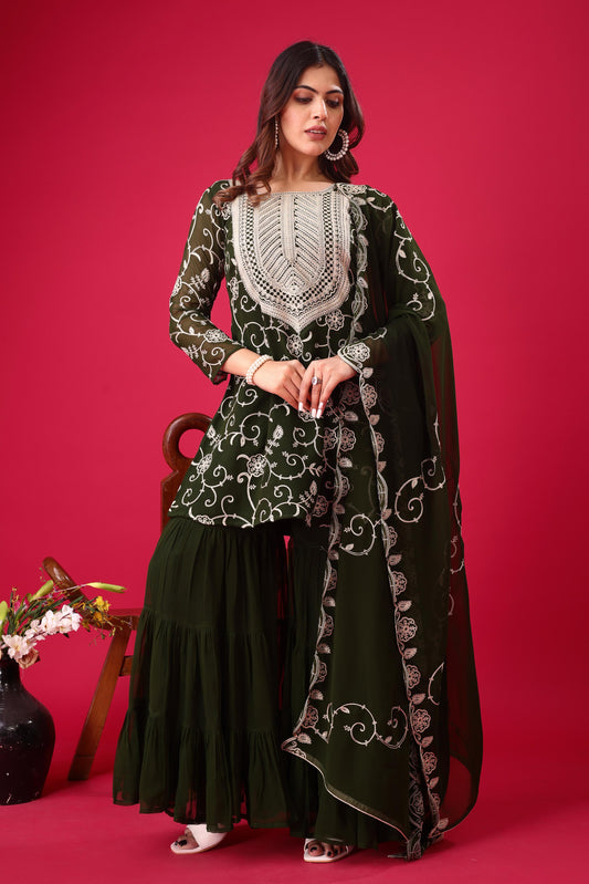 Designer Embroidery Work Green Color Sharara Suit