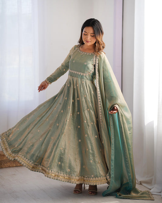 Fancy Sequence Work Green Color Silk Gown