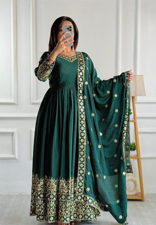 Imposing Chinon Silk Sequence Work Green Color Gown
