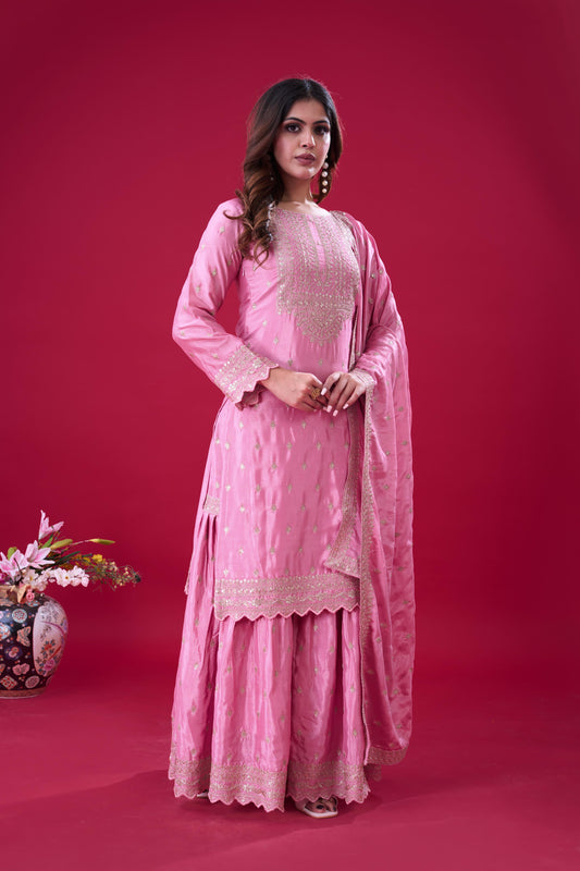 Heavy Embroidery Work Light Pink Color Sharara Suit