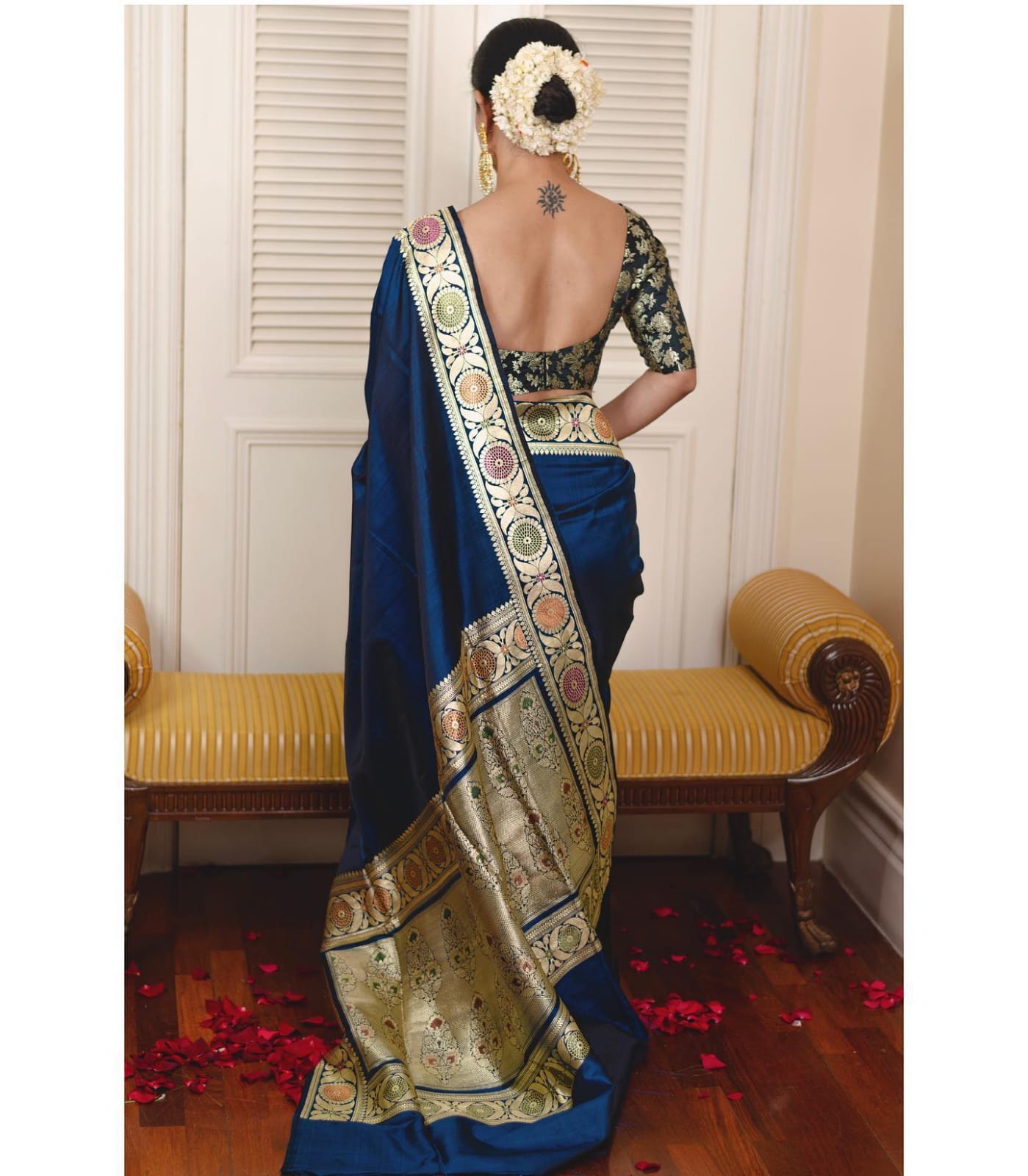 Pretty Blue Color Golden Work Lichi Silk Saree