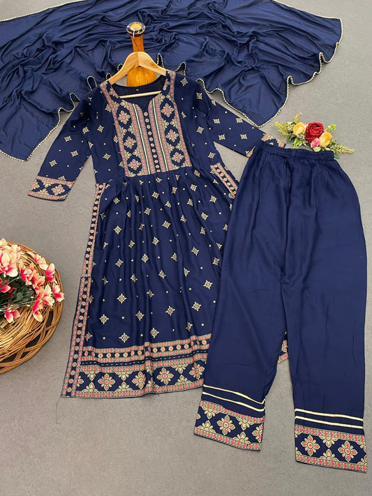 Precious Reyon Foil Print Navy Blue Color Salwar Suit