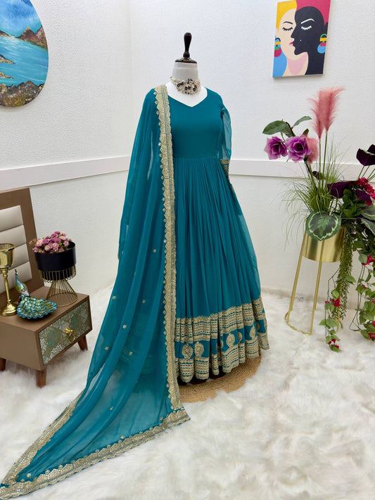 Wonderful Georgette Embroidery Work Sky Blue Color Gown