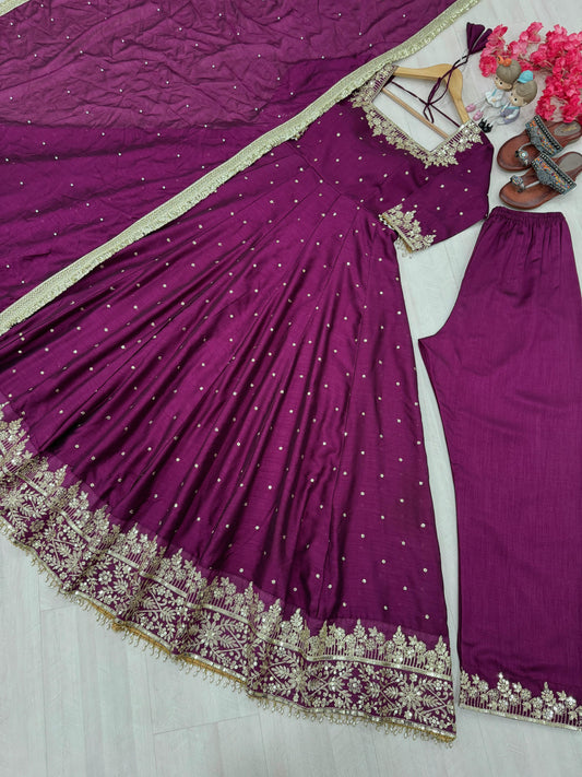 Glimmering Vichitra Silk Purple Color Anarkali Suit