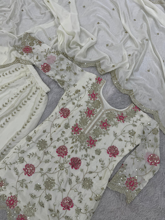 Outstanding Sequence And Thread Work White Color Sharara suit