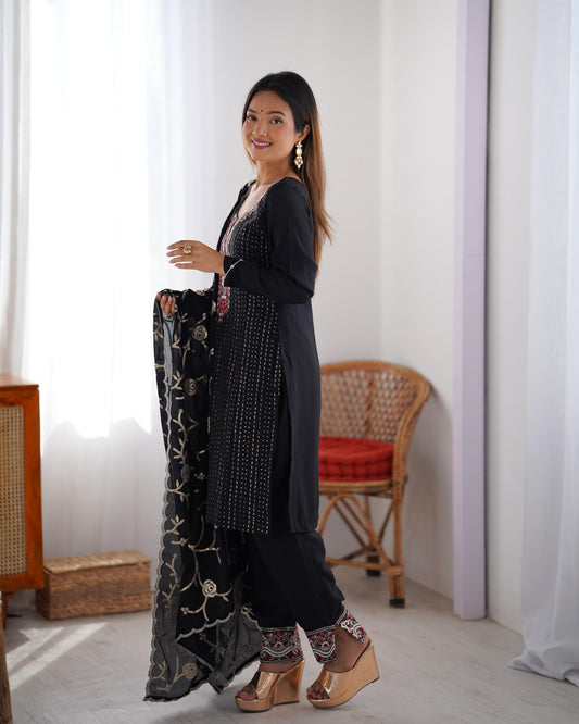 Elegant Chinon Silk Black Color Salwar Suit