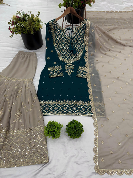 Presenting Embroidery Sequence Work Teal Green Color Sharara Suit