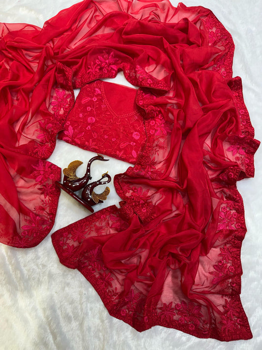 Alluring Organza Embroidery Work Red Color Saree