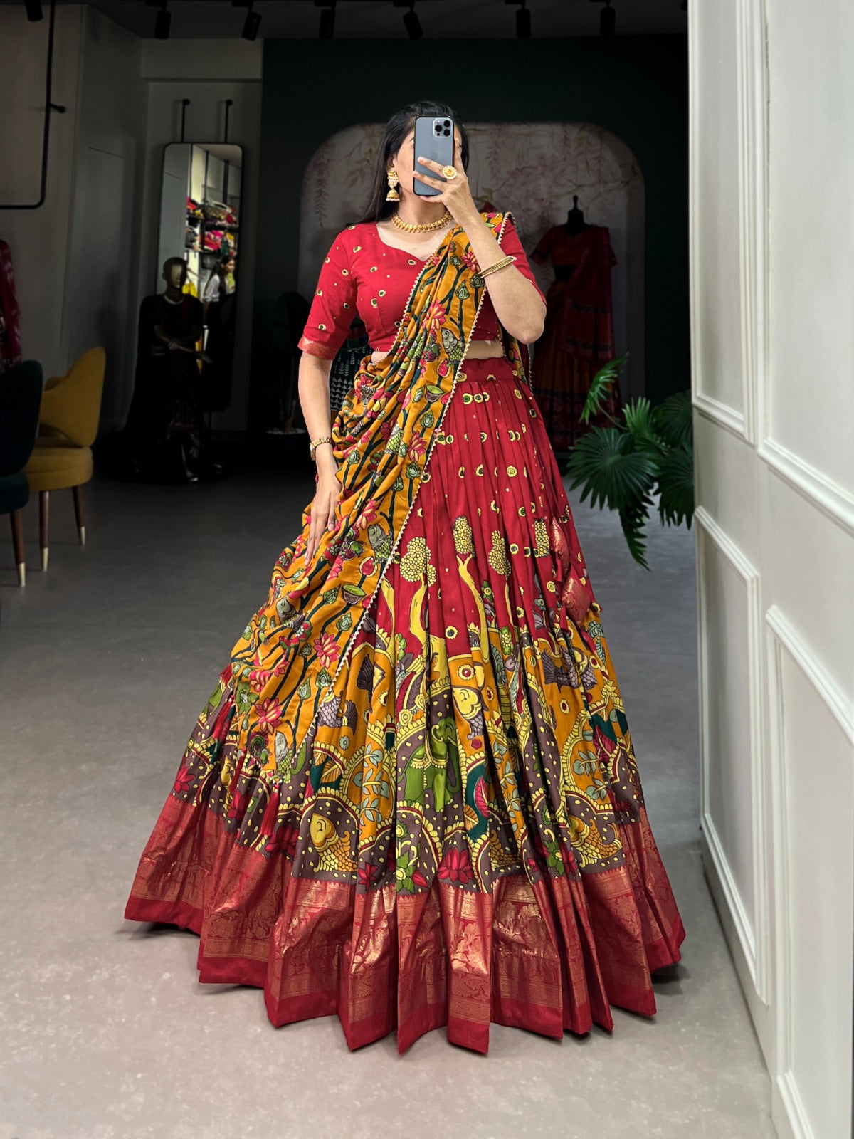 Exclusive Kalamkari Print Red Color Festive Wear Lehenga Choli