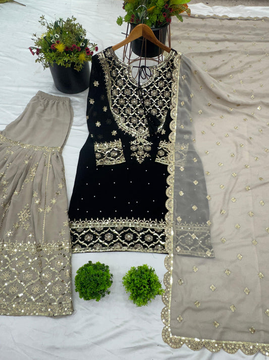 Presenting Embroidery Sequence Work Black Color Sharara Suit