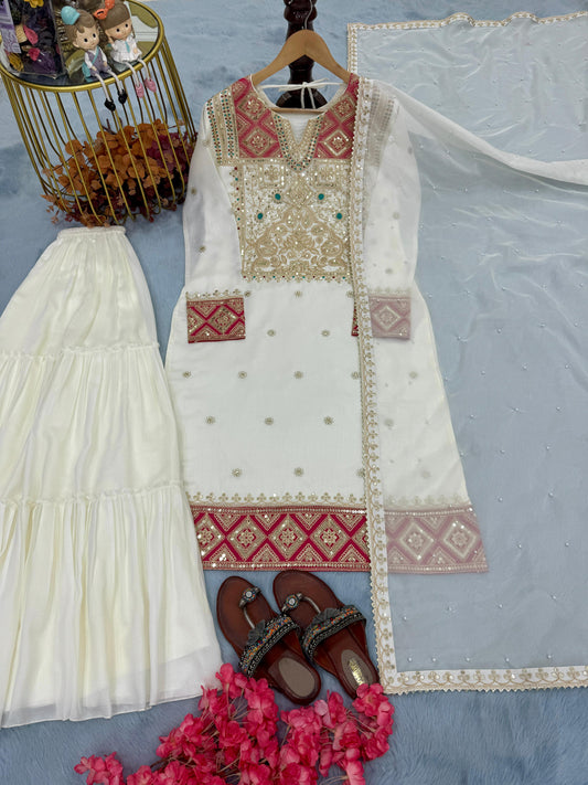 Opulent Vichitra 5mm Sequence Work White Color Sharara Suit
