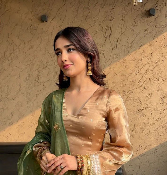 Delightful Embroidery Work Beige Color Salwar Suit With Green Dupatta