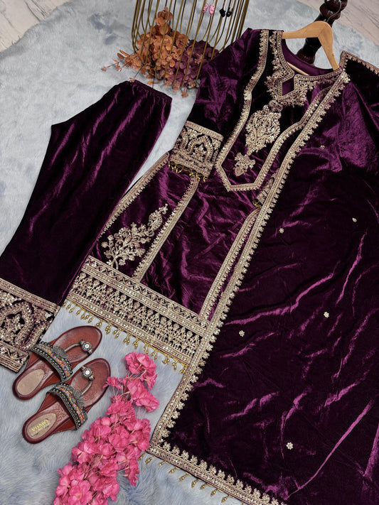 Delightful Sequence And Coding Dori Work Purple Color Sharara Suit