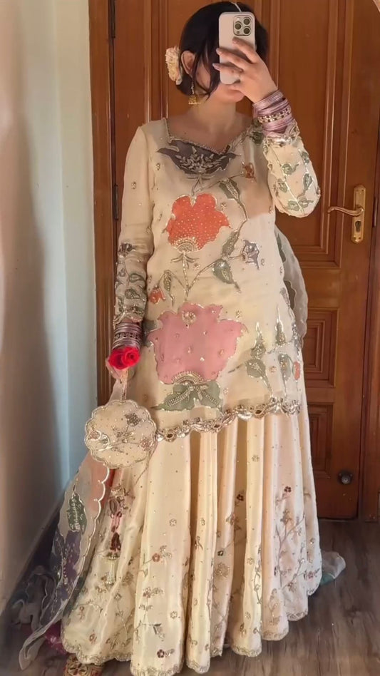 Wonderful Chinon Embroidery Work Beige Color Gharara Suit