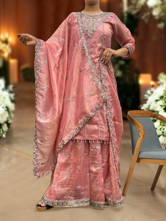 Designer Crush Silk Pink Color Palazzo Suit