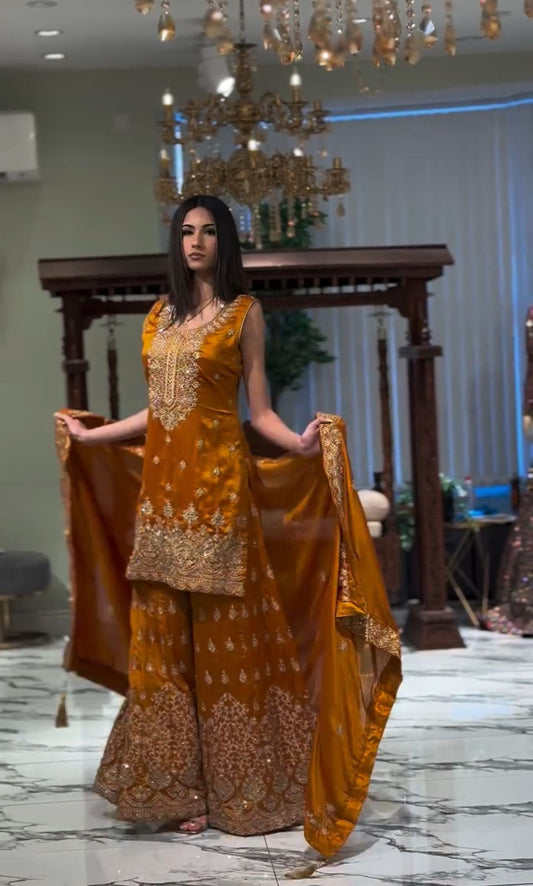 Charming Georgette Mustard Color Sharara Suit