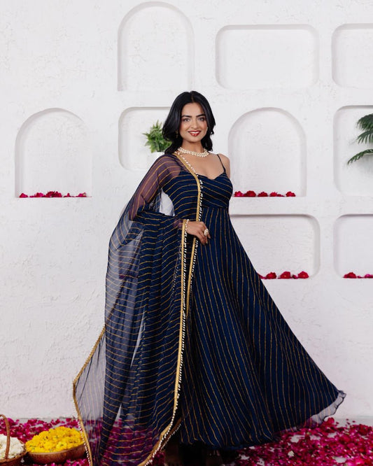 Presenting Georgette Navy Blue Color Anarkali Gown