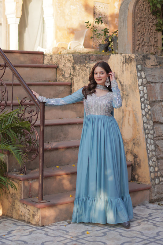 Attractive Beads Sequins Work Sky Blue Color Gown