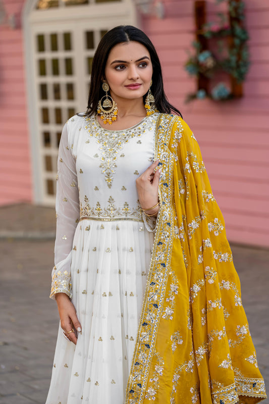 Glorious Georgette White Color Gown With Yellow dupatta